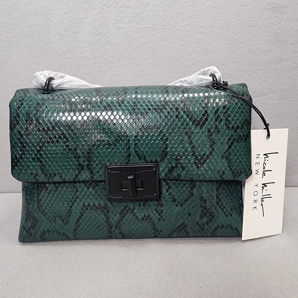 Nicole Miller Crossbody Bag Green Snakeskin Embossed Black Hardware‎ Women OS